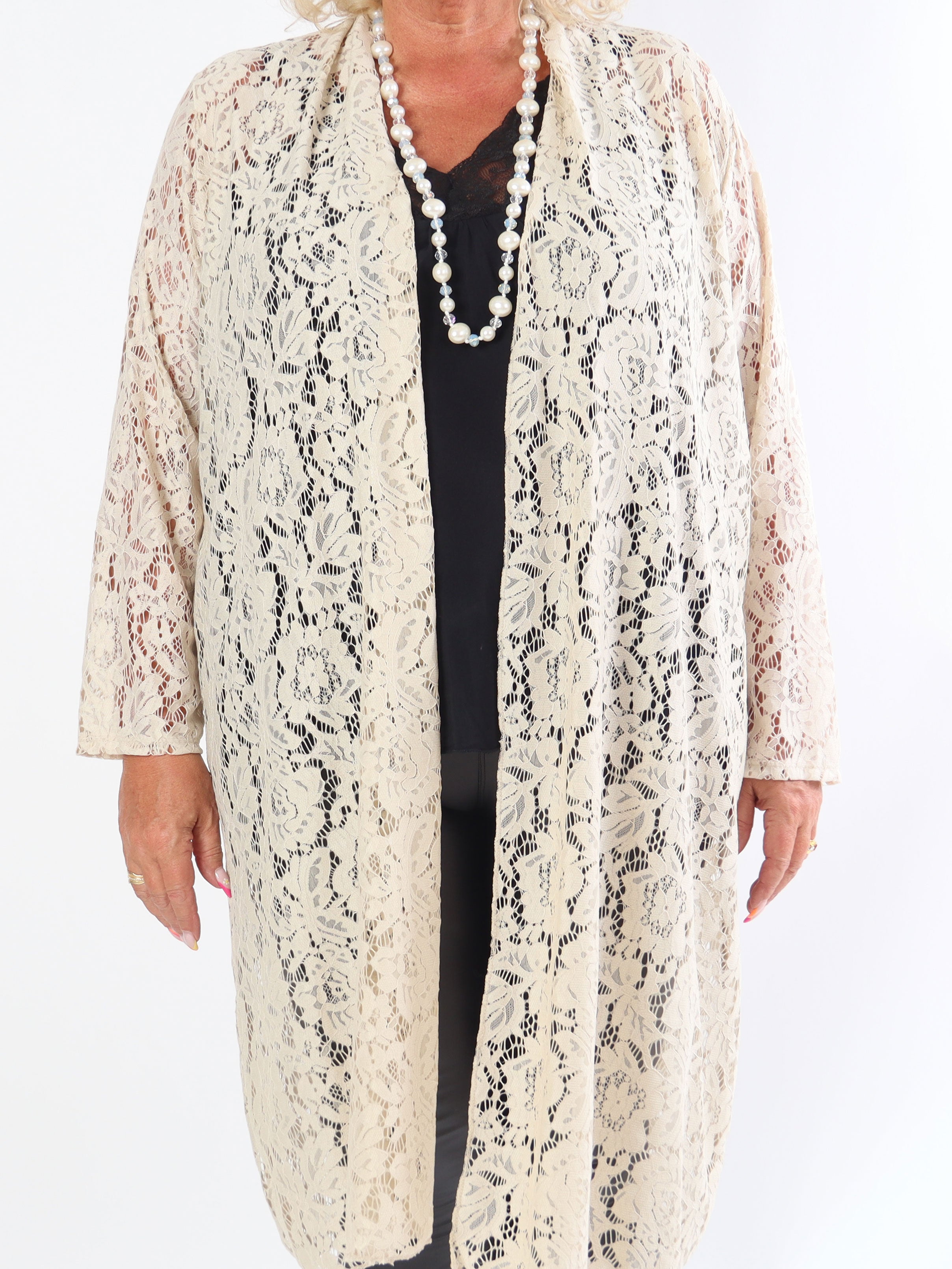 Cece - Plus size cardigan i blød elastisk blonde